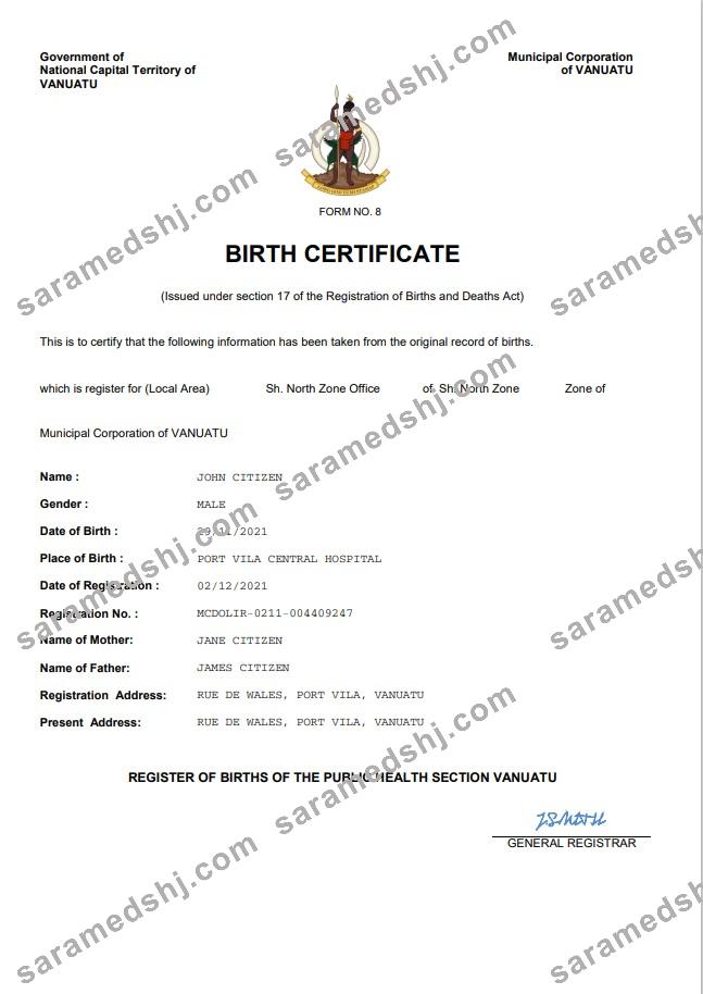Vanuatu birth certificate Word and PDF template
